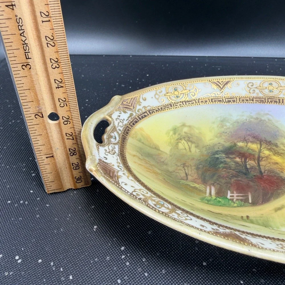 Nippon Hand Painted Celery Dish Oval Tray‎ Gold Moriage Landscape Lake Scene VTG